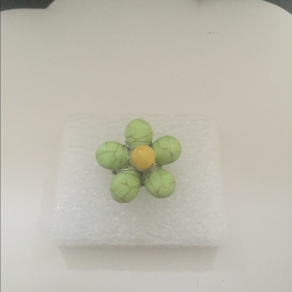 Green Turquoise Flower Ring with Yellow Bead